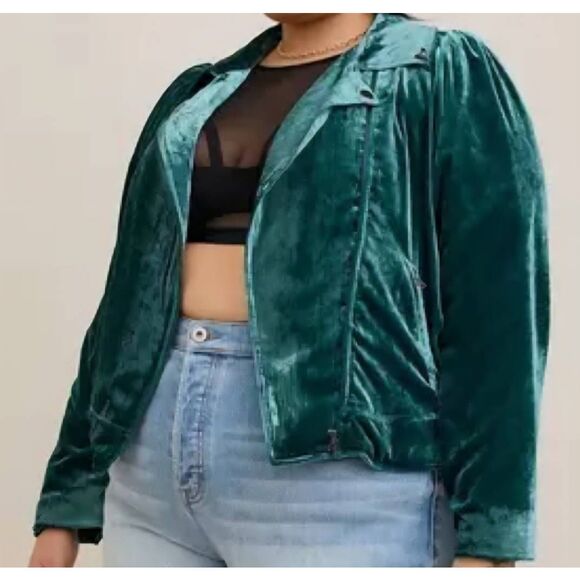 Torrid Jacket Women's 2X Botanical Green Velvet Moto Zip Cropped - Picture 1 of 6